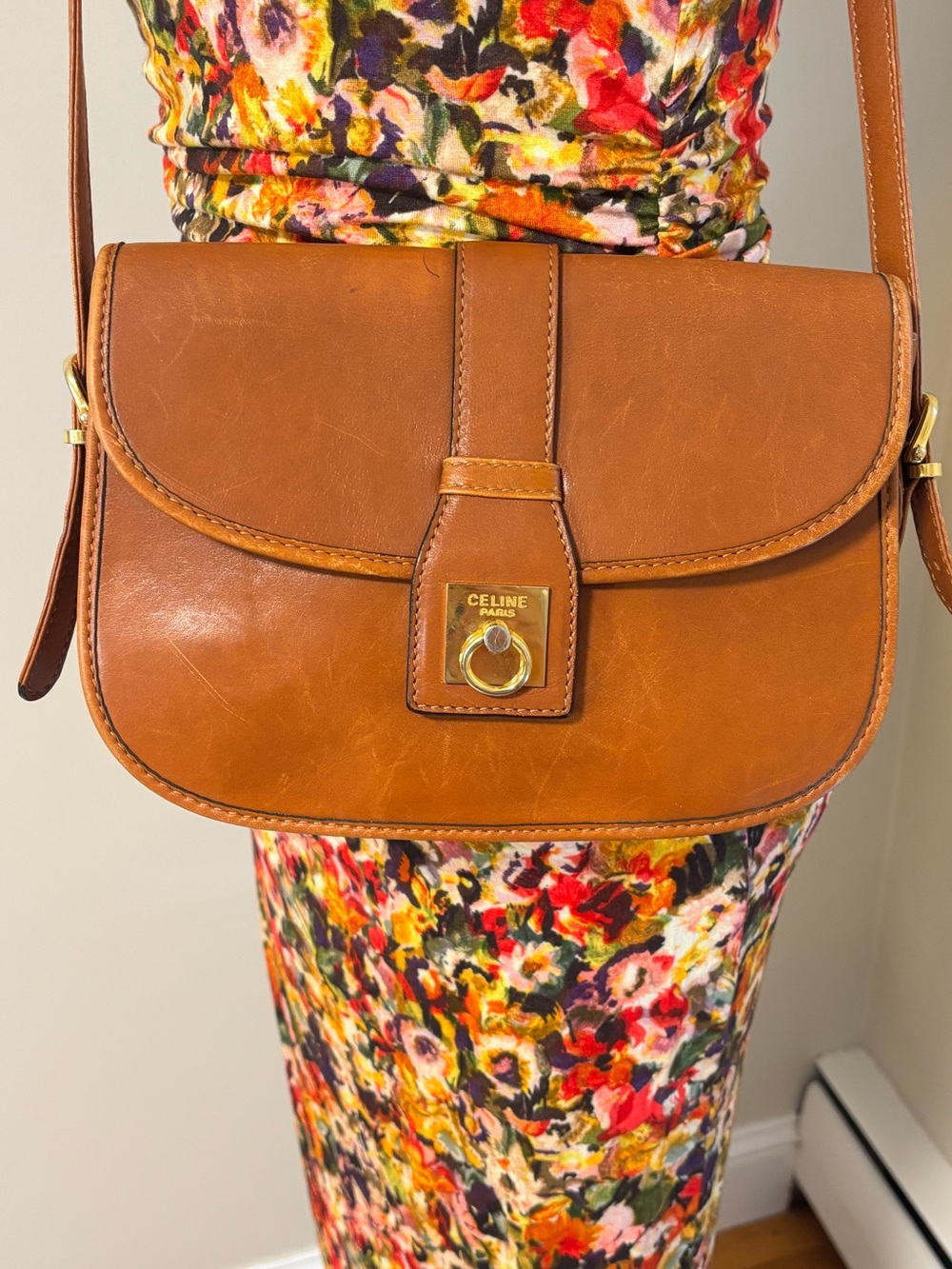 Vintage CELINE Cognac Tan Leather Saddle Shoulder Bag Gold Hardware